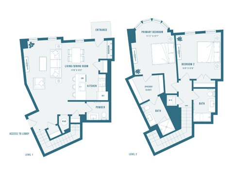 A blueprint shows the layout of a two-story building with labeled rooms.
